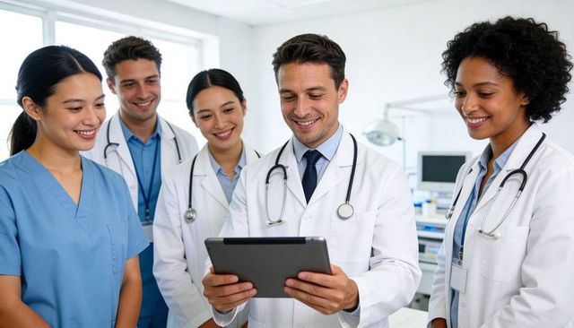 Multicultural medical team reviewing patient data on tablet in collaborative clinic consultation