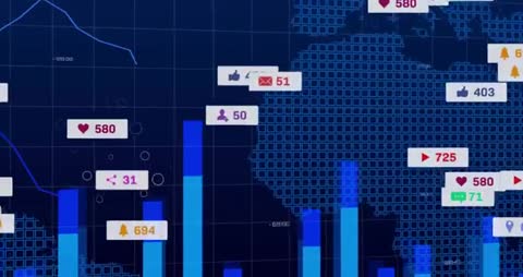 3D Blue Bar Graph with Floating Social Media Icons on Grid