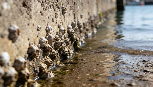 Barnacle clusters clinging to concrete seawall at tidal shoreline with green algae macro