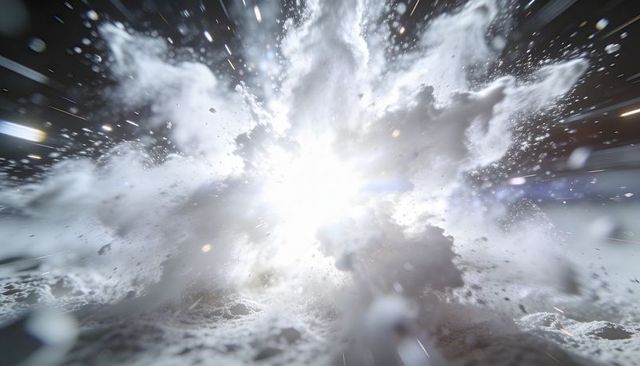 Exploding bright blastwave emitting dust and rock debris over pulverized lunar-like ground