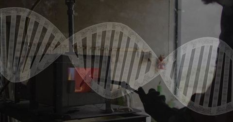 Forging innovation heating metal at glowing furnace with dna helix overlay
