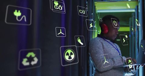 Man in Server Corridor Leveraging Eco-Friendly Industrial Technology