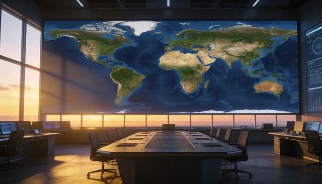 Futuristic command center featuring giant world map video wall at sunset