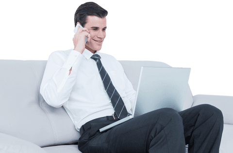 Transparent Businessman on Phone with Laptop in Modern Setting