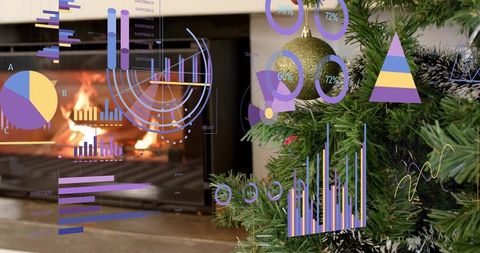 Holiday data visualization overlay on christmas tree branch with gold ornament and fireplace glow