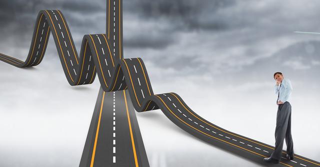 Surreal depiction of a businessman standing at the beginning of a wavy road in the sky with cloudy background. This image is suitable for illustrating concepts of business challenges, uncertain paths, decision-making, and the journey of life. Perfect for use in presentations, websites, and articles discussing the intricacy of achieving goals, navigating difficult situations, and abstract thinking.