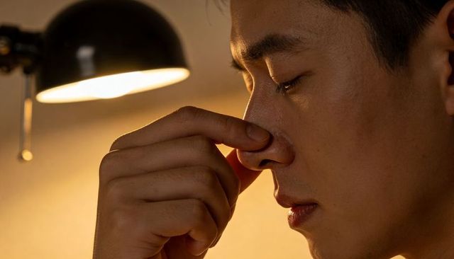 Asian man rubbing nose bridge under warm desk lamp showing fatigue and eye strain
