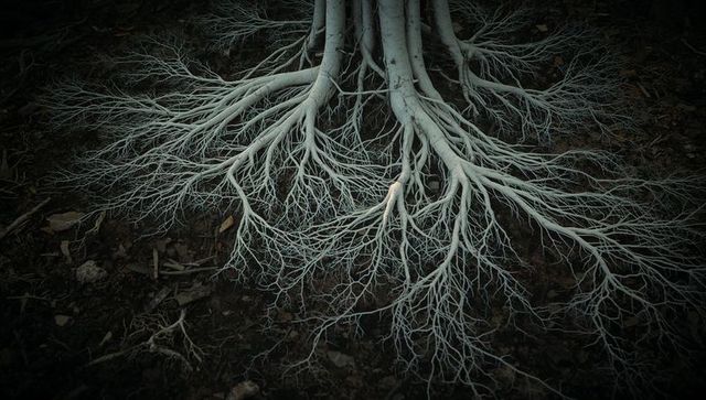 Exposed tree roots spreading over forest floor with intricate branching patterns