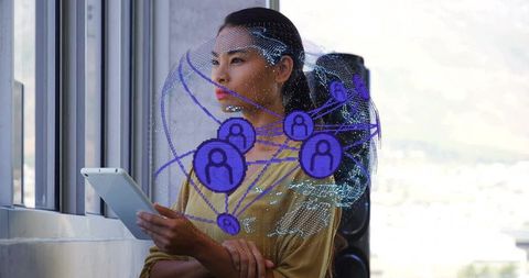 Businesswoman Holding Tablet with Digital Connectivity Overlay