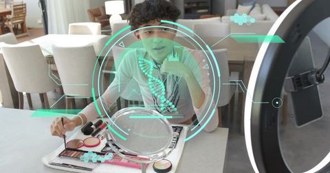 Male creator applying makeup while filming with ring light, smartphone and ar hud overlay