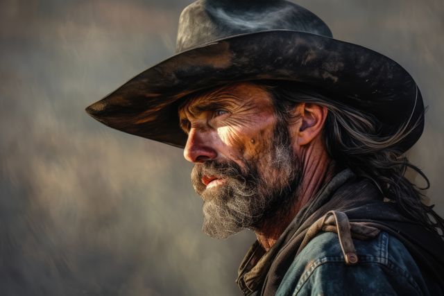 Profile of senior caucasian cowboy with hat and beard, created using generative ai technology. Wild west, american culture, history and folklore concept digitally generated image.