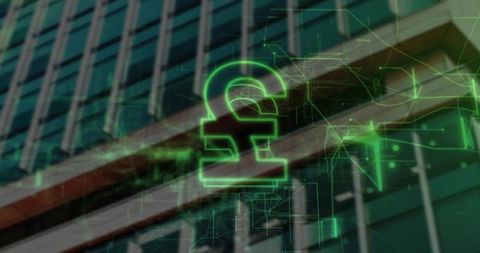Neon green holographic pound symbol hovering over modern urban high-rise for fintech concept