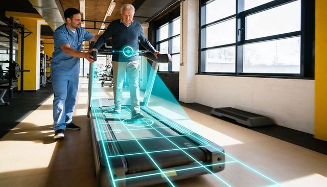 Elderly man walking on treadmill with physical therapist using ar gait assessment technology