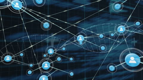 Futuristic Digital Network Hologram with Icons and DNA Helix