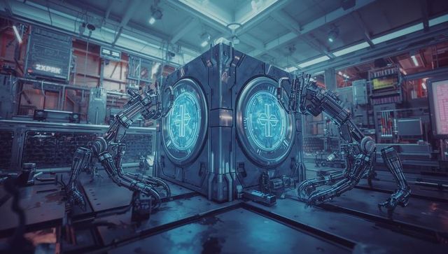 Futuristic industrial robot hub with glowing panels