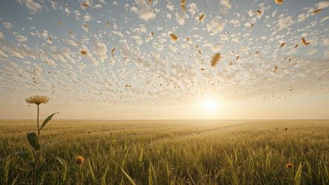 Idyllic Meadow Scene with Tall Yellow Flower at Sunrise