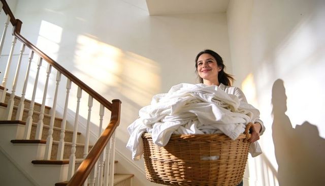 Smiling woman carrying full wicker laundry basket up sunlit staircase