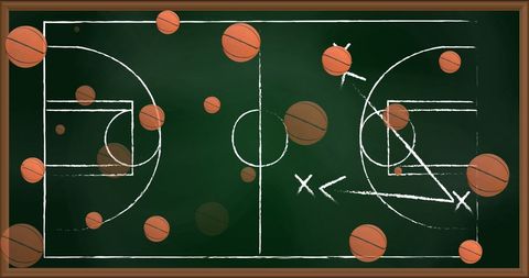 Basketballs on chalkboard with game strategy diagram