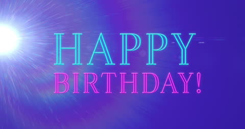 Colorful Happy Birthday Neon Text with Light Burst Background