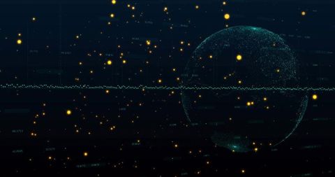 Futuristic digital sphere with waveform and light orbs