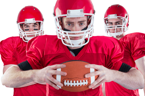 Confident rugby players holding ball on transparent background