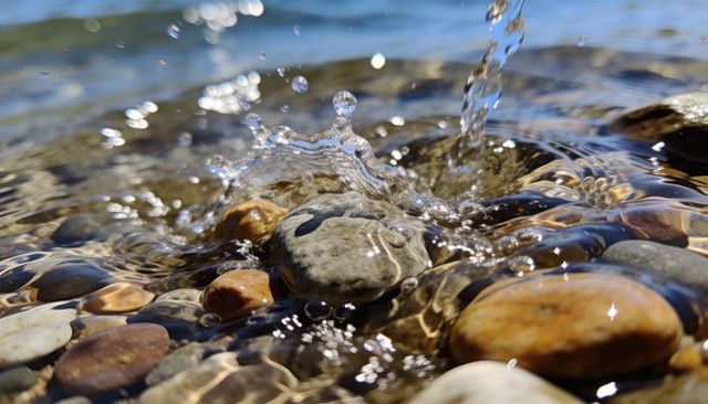 Sunlit lake water splashing over multicolored pebbles with crystal droplets and ripples