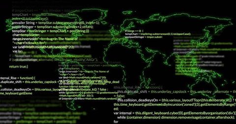 Neon World Map Pulsing with Streaming Code and Cyber Network Data
