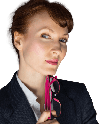 Confident caucasian businesswoman holding glasses on transparent background