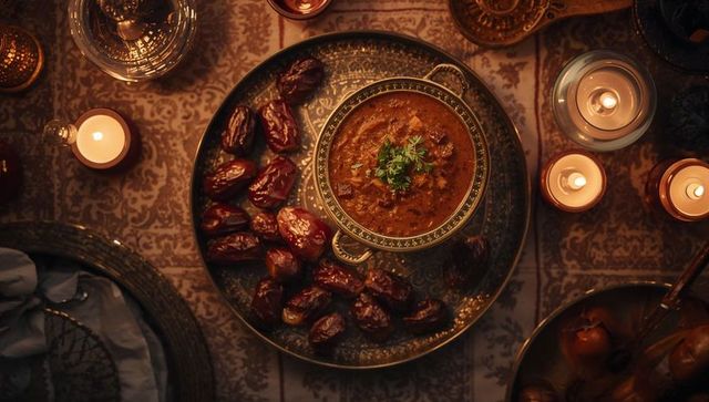 Candlelit middle eastern stew and dates on ornate brass tray evoking warm ramadan table