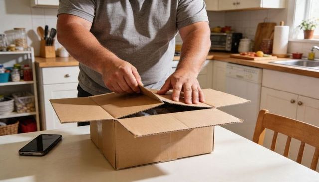 Adult opening cardboard shipping box on kitchen table with smartphone and sunlit countertop