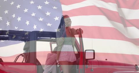 Happy Woman Talking on Phone with American Flag Overlay
