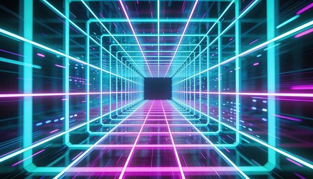 Glowing neon tunnel guiding eye toward dark void with cyan frames and magenta grid floor