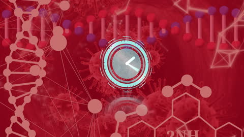 Spinning Clock Over DNA and Biological Cells on Red Background