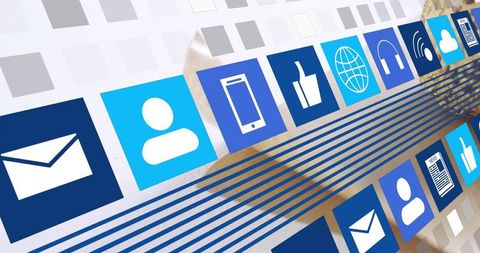Blue digital interface with app icons and diagonal lines for technology and ux concepts