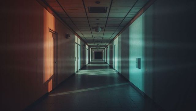 Moody Urban Corridor of Commercial Building With Soft Lighting
