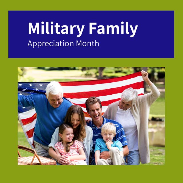 Illustrates appreciation and support for multigenerational military families during Military Family Appreciation Month. Perfect for use in campaigns, social media, community events, and printed materials highlighting family togetherness, patriotism, and support for military families.