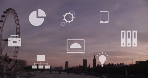 digital business infographics over city skyline at sunset - Download Free Stock Images Pikwizard.com