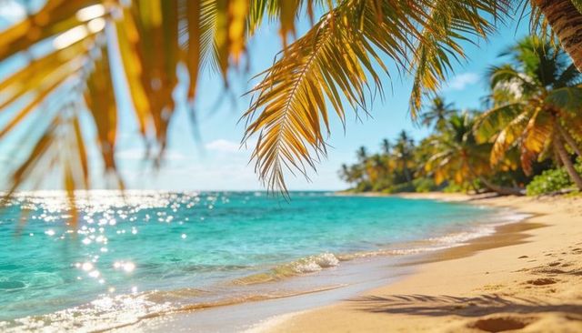 Sunlit tropical beach framed by swaying palm fronds, golden sand and turquoise water