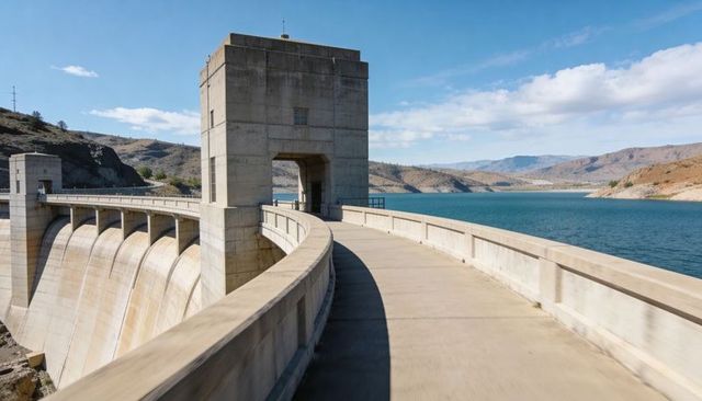 Curving concrete dam spanning canyon with control tower and blue reservoir vista