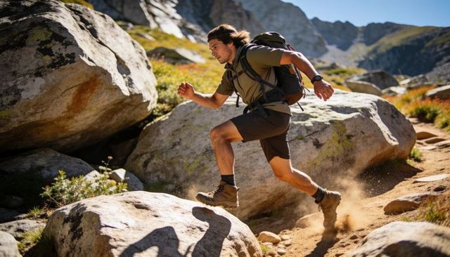 Hiker leaping over granite boulder on alpine trail kicking dust wearing backpack