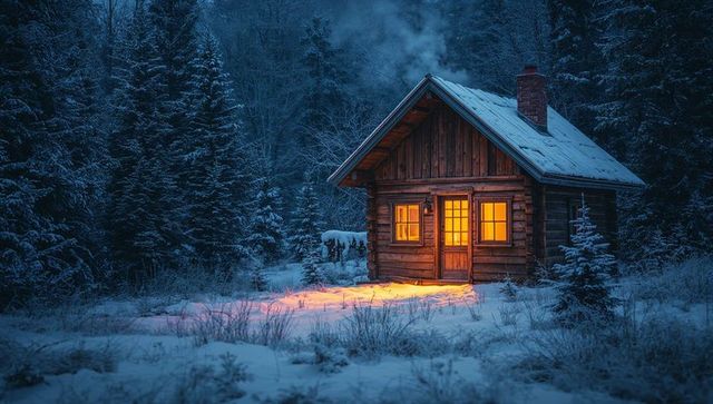 Glowing log cabin casting warm light across snow-covered conifer forest clearing at night