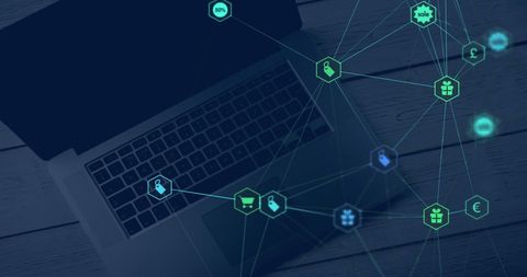 Digital network connections overlaid on laptop keyboard
