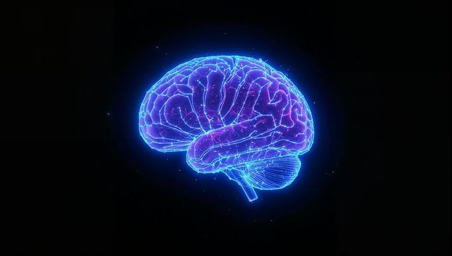 Floating Neon Holographic Brain Pulsing with Glowing Neural Network and Wireframe