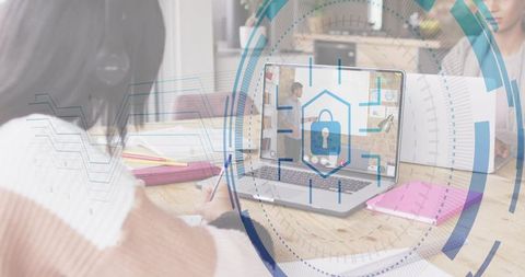 Remote team collaborating over secure virtual meeting with padlock HUD on laptop