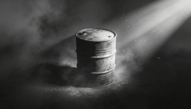Rusted Steel Barrel Bathing in Dramatic Diagonal Beam of Light on Dusty Concrete