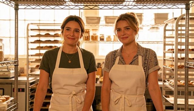 Smiling women bakers standing behind counter in artisan bakery with metal racks