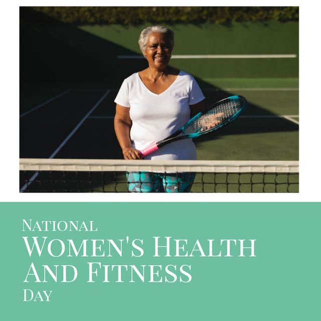 Senior Woman Celebrating National Women's Health and Fitness Day on Tennis Court - Download Free Stock Templates Pikwizard.com