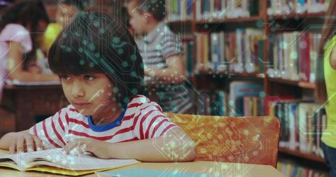 Boy Immersed in Reading with Futuristic Digital Overlay