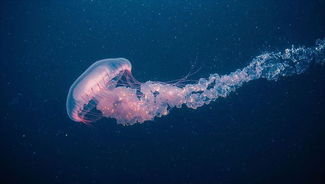 Bioluminescent jellyfish drifting through deep ocean waters