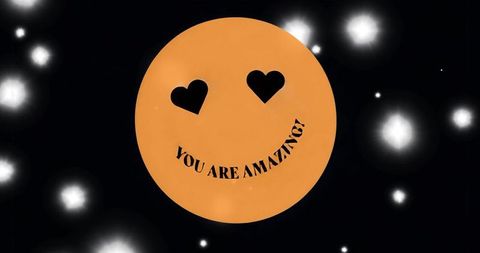Orange heart-eyes emoji smiling 'you are amazing?' on black starfield background